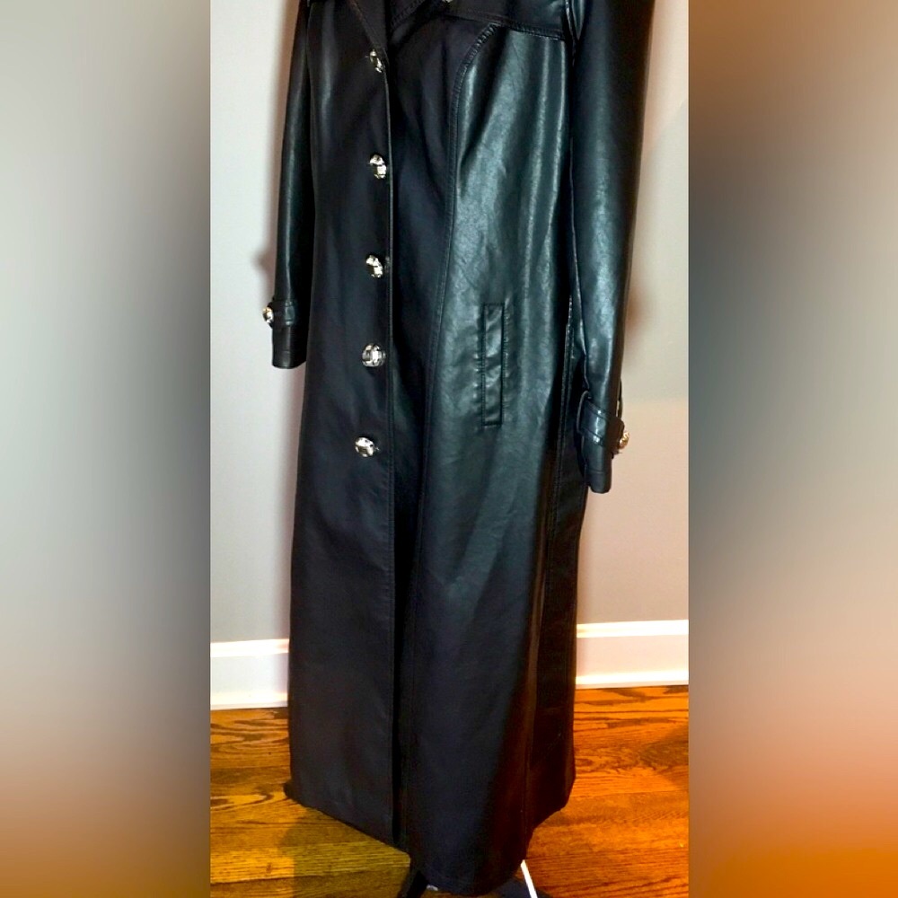 DENNIS BASSO Trench coat Black faux leather Full length Vintage SMALL a Classic - Picture 7 of 17
